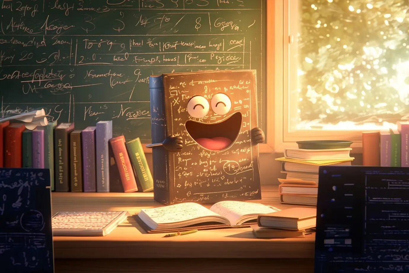 Мультяшный 3D-персонаж, составленный из математических объектов.