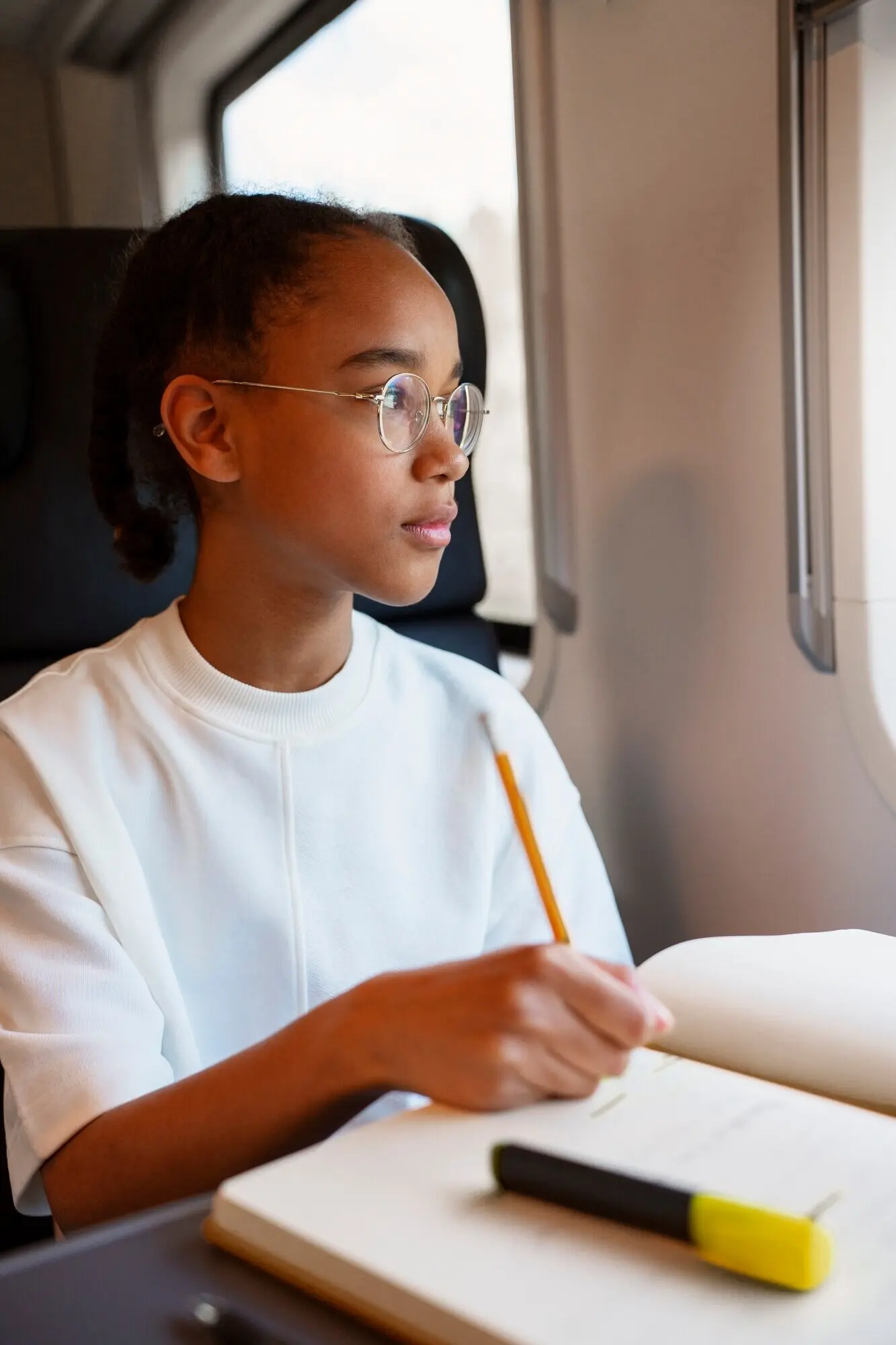 Средний план девушки, путешествующей на поезде.